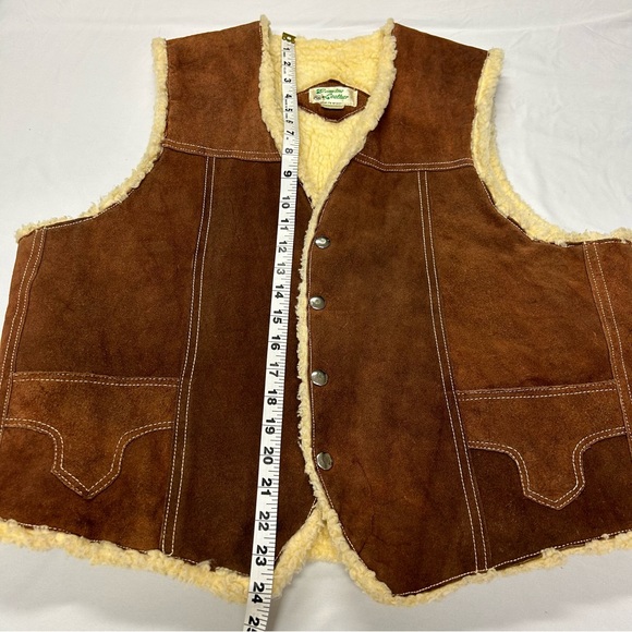 Vintage Genuine Suede Leather Faux Sherpa Vest Snaps Pockets Brown Unisex Large - Picture 13 of 16